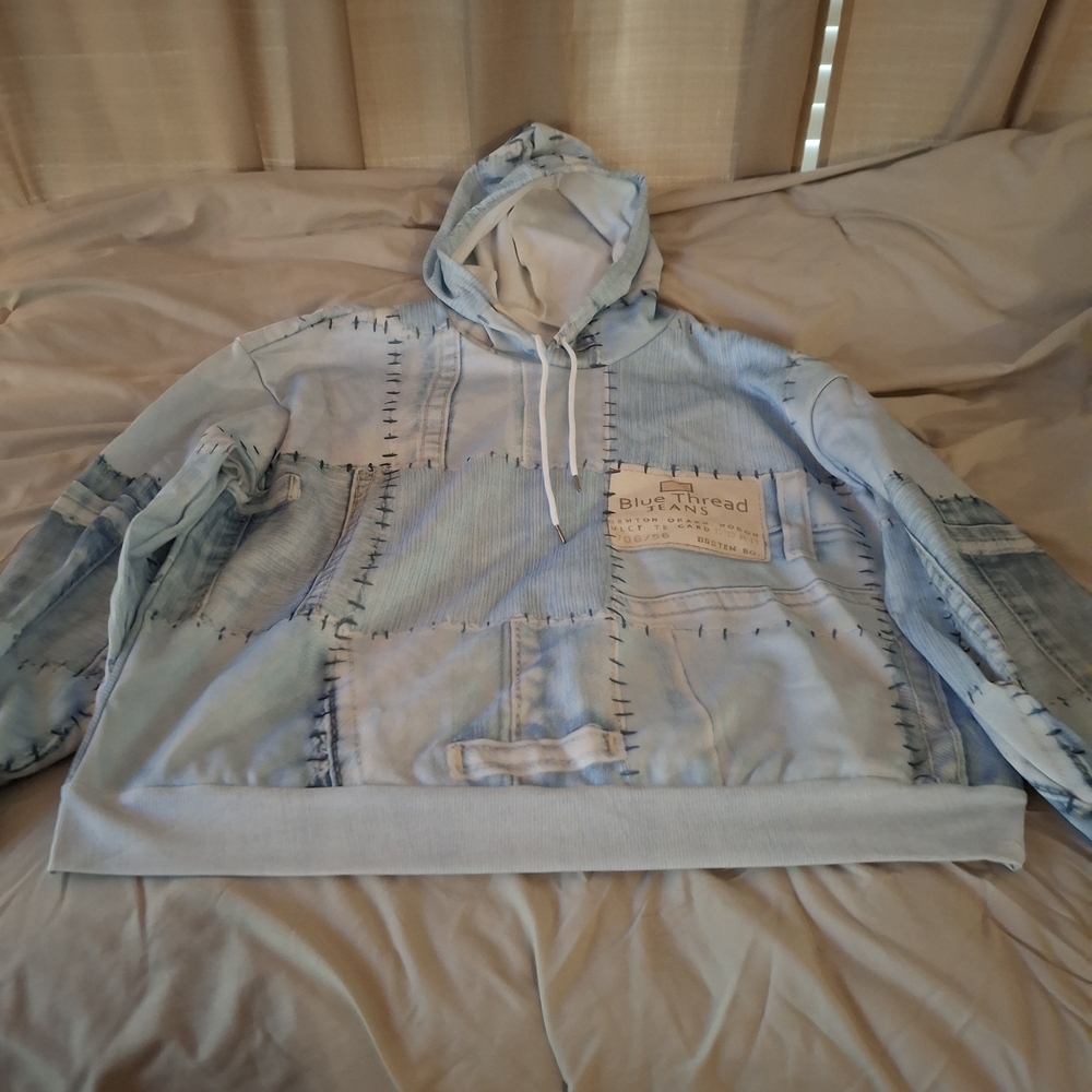 Blue Thread Denim Patchwork Women's Hoodie - Picture 3 of 11